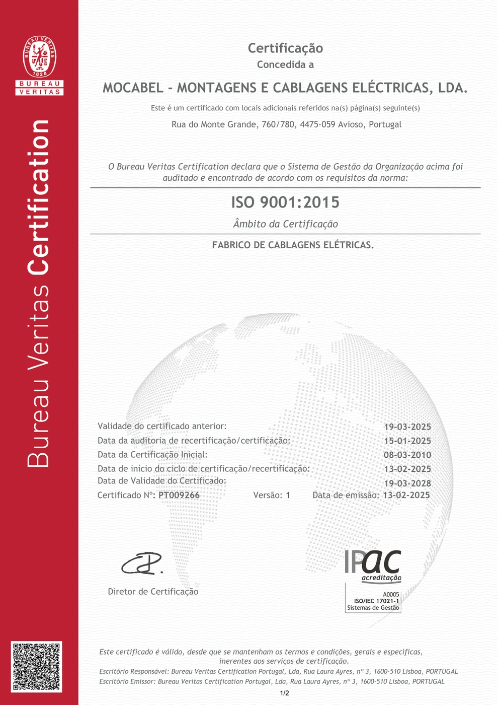 Primeira página do certificado ISO 9001:2015 da Mocabel